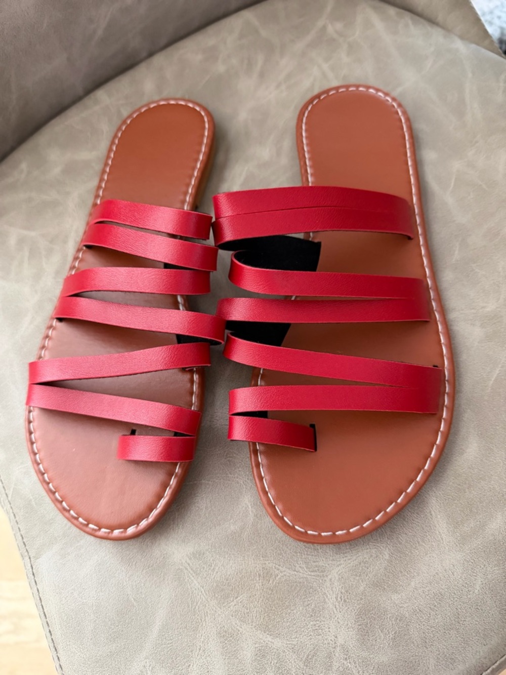 Red Multi-Strap Slide Sandals with Tan Footbed